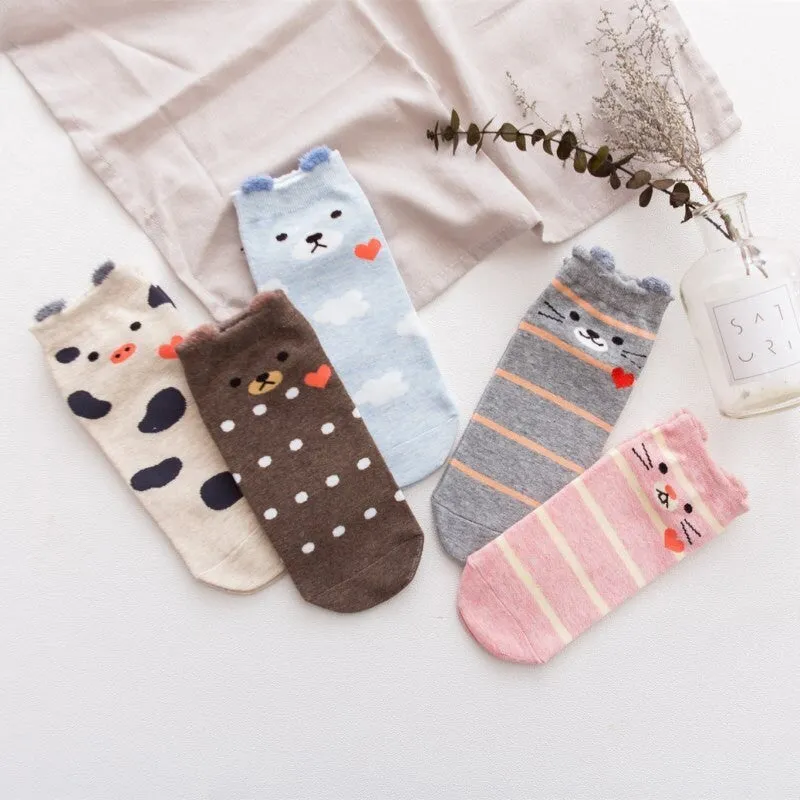 Anysox 5 Pairs One Size 5-9 Mixed Color Farm Animals Spring Summer Fashion Women Cotton Sox Cartoon Cute Girl Happy Funny Socks