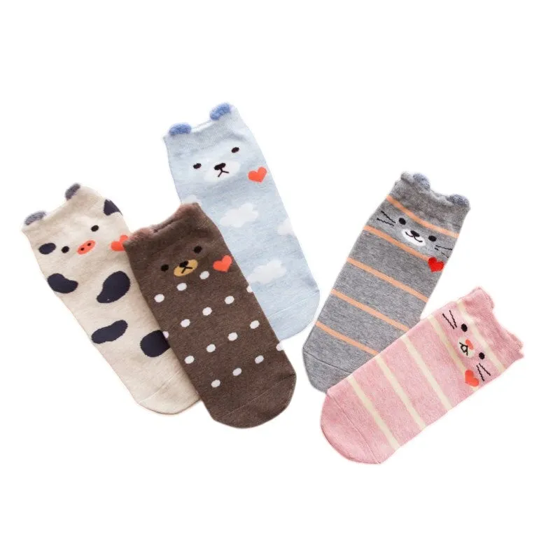 Anysox 5 Pairs One Size 5-9 Mixed Color Farm Animals Spring Summer Fashion Women Cotton Sox Cartoon Cute Girl Happy Funny Socks