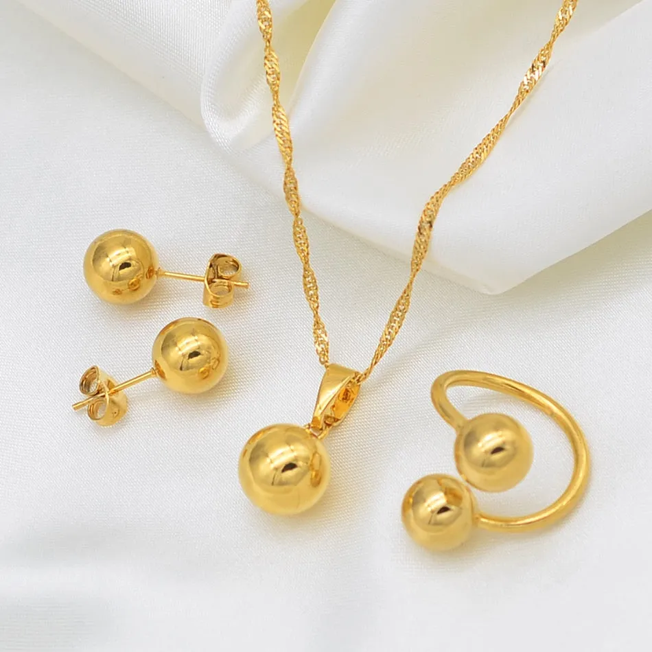 Bead Necklace Earrings Ring -Trendy Charm Round Ball Jewelry sets