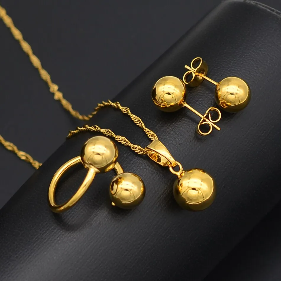 Bead Necklace Earrings Ring -Trendy Charm Round Ball Jewelry sets