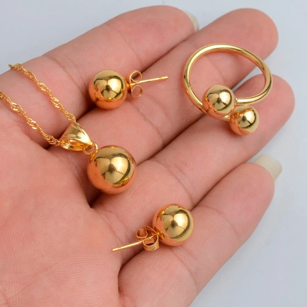 Bead Necklace Earrings Ring -Trendy Charm Round Ball Jewelry sets