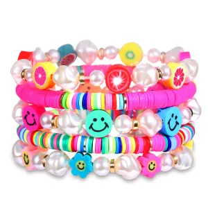 Beaded Stretch Bracelets for Women Colorful Clay Fruit Smiley Bead Bracelet Rainbow Heishi Bracelet Set Stackable Pearl Y2K Bracelets Summer Beach Accessory B 5PCS Smiley Face Bracelet