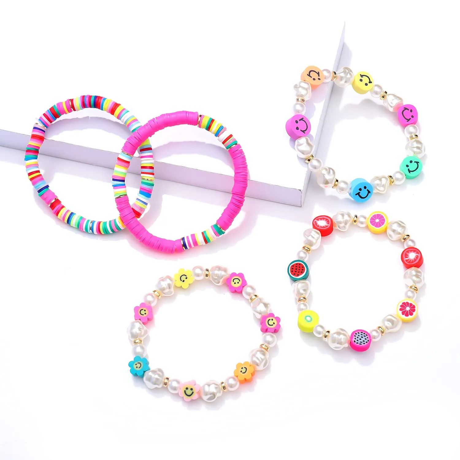 Beaded Stretch Bracelets for Women Colorful Clay Fruit Smiley Bead Bracelet Rainbow Heishi Bracelet Set Stackable Pearl Y2K Bracelets Summer Beach Accessory B 5PCS Smiley Face Bracelet