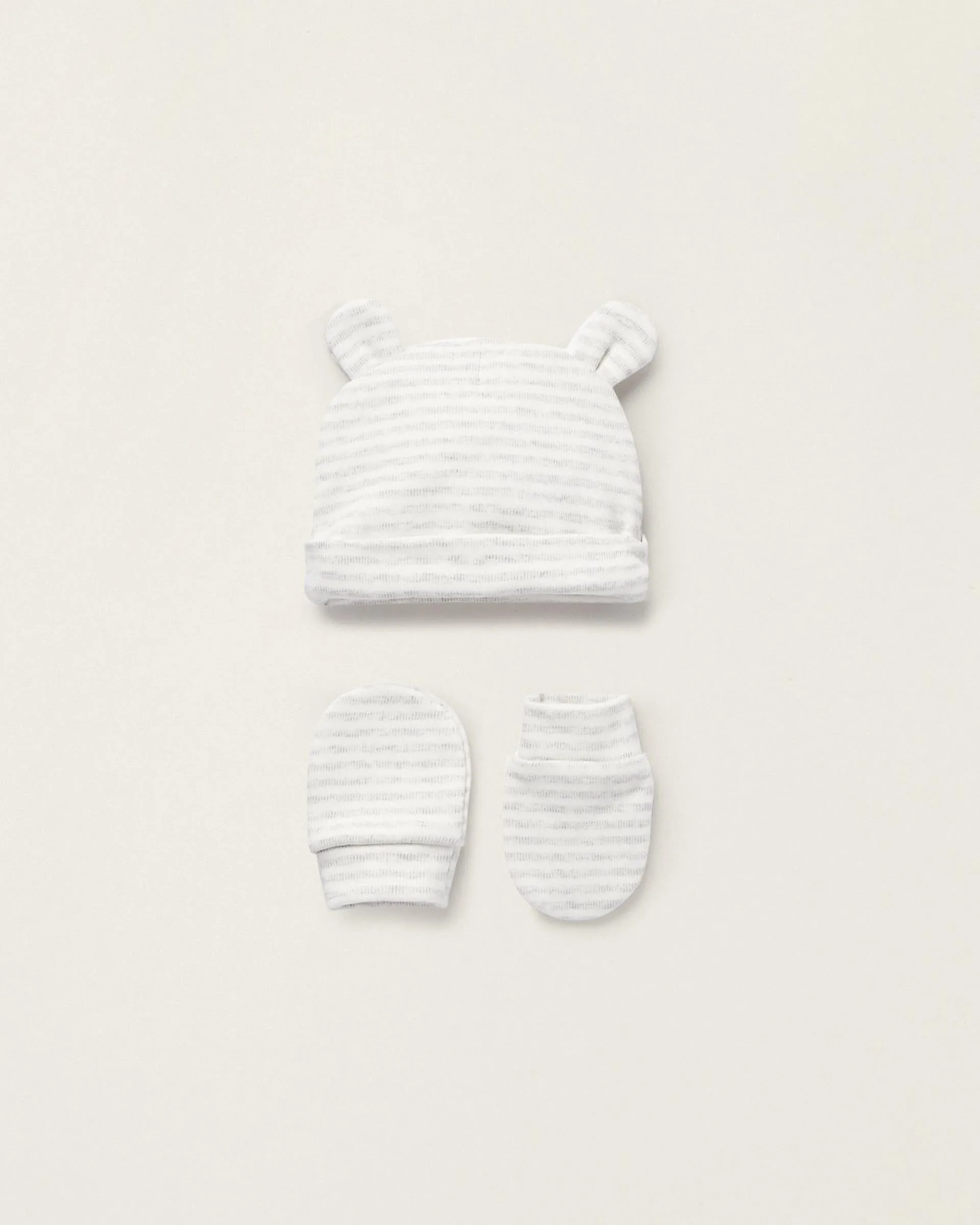 Beanie with Ears   Cotton Gloves for Newborns, White/Grey