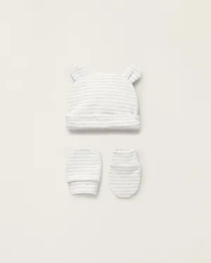 Beanie with Ears   Cotton Gloves for Newborns, White/Grey