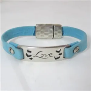 Blue Leather ID Style Bracelet with Love Bar
