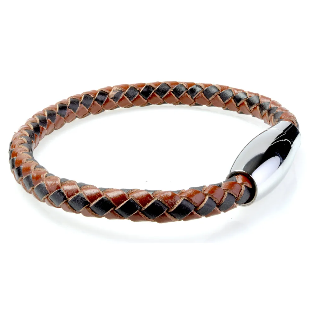Braided Black/Brown Leather Mens Bracelet 6 MM 8.50 Inches with Stainless Steel Magnetic Clasp