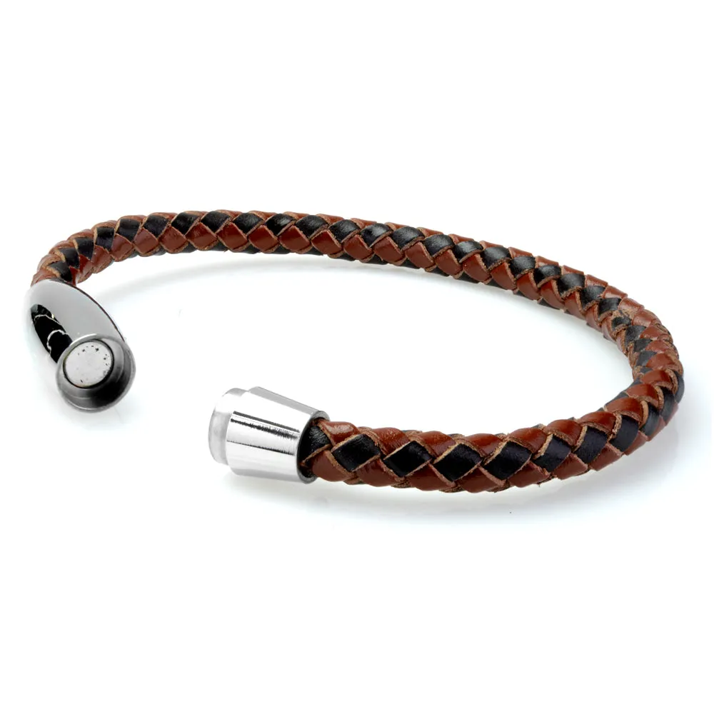 Braided Black/Brown Leather Mens Bracelet 6 MM 8.50 Inches with Stainless Steel Magnetic Clasp