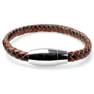 Braided Black/Brown Leather Mens Bracelet 6 MM 8.50 Inches with Stainless Steel Magnetic Clasp