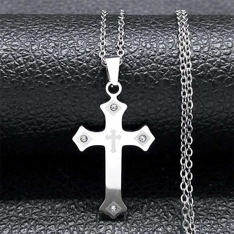 Catholic Cross Chain Necklace for Women Men Stainless Steel Crystal Blessing Necklaces
