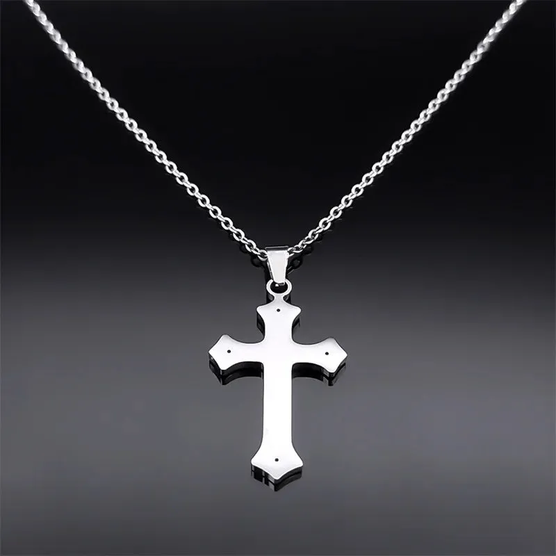 Catholic Cross Chain Necklace for Women Men Stainless Steel Crystal Blessing Necklaces