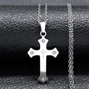 Catholic Cross Chain Necklace for Women Men Stainless Steel Crystal Blessing Necklaces