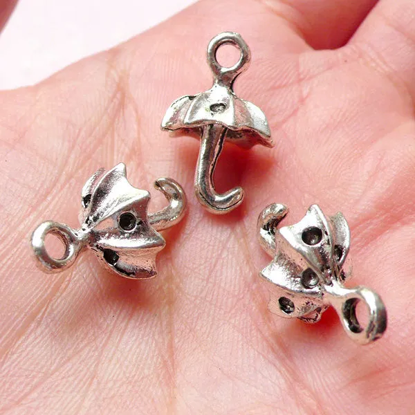 CLEARANCE 3D Umbrella Charms (4pcs / 13mm x 20mm / Tibetan Silver) Cute Jewellery Earring Bracelet Pendant Necklace Bangle Keychain Wine Charm CHM1259