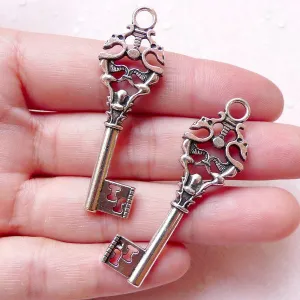 Fancy Key Charms / Silver Key Charm (2pcs / 16mm x 49mm / Tibetan Silver / 2 Sided) Key Pendant Steampunk Necklace Zipper Pull Charm CHM1063