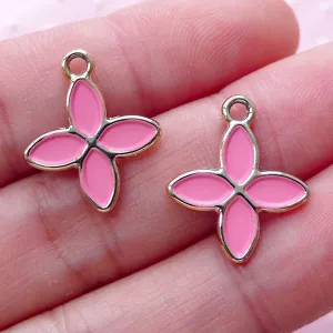 Four Petal Flower Enamel Charms (2pcs / 15mm x 18mm / Gold & Pink) Floral Charm Bracelet Flower Earring Pendant Bagcharm Purse Charm CHM1882