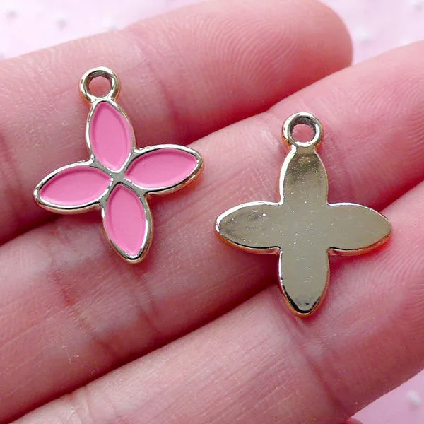 Four Petal Flower Enamel Charms (2pcs / 15mm x 18mm / Gold & Pink) Floral Charm Bracelet Flower Earring Pendant Bagcharm Purse Charm CHM1882