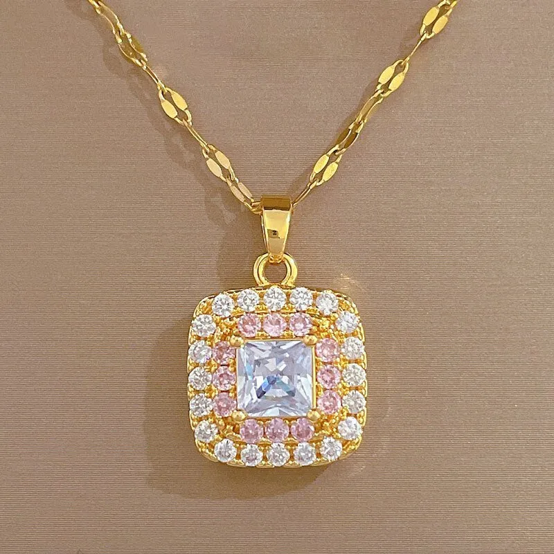 Full Pink White Zirconia Pendant Necklace for Women Square Shaped Necklace