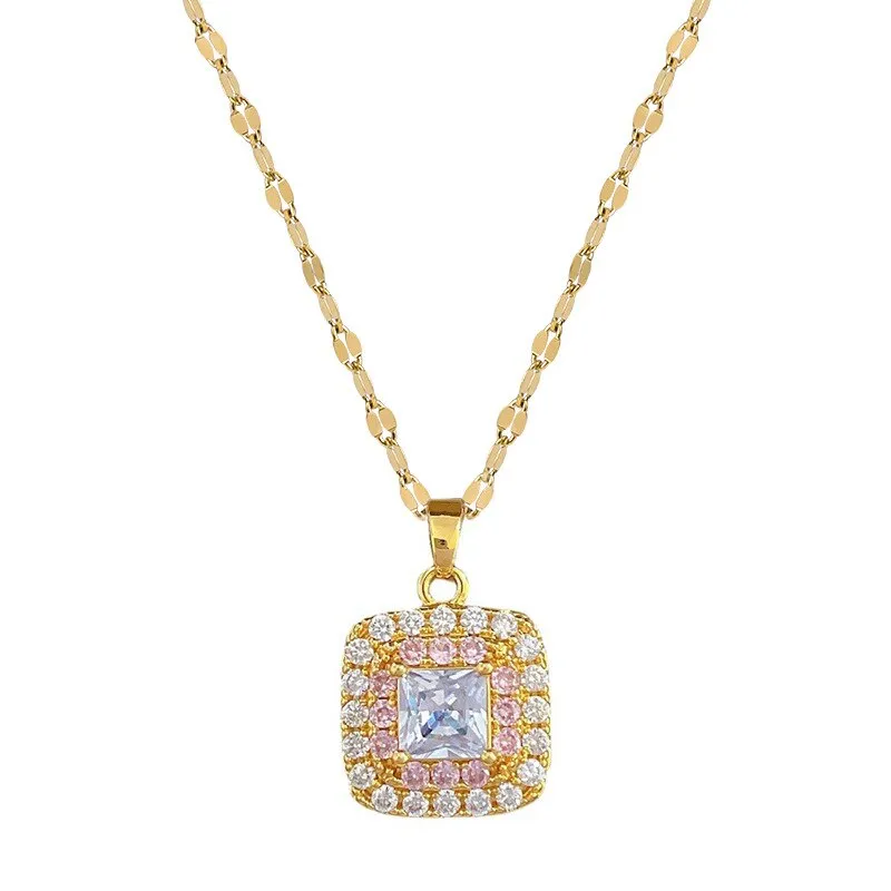 Full Pink White Zirconia Pendant Necklace for Women Square Shaped Necklace