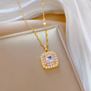 Full Pink White Zirconia Pendant Necklace for Women Square Shaped Necklace