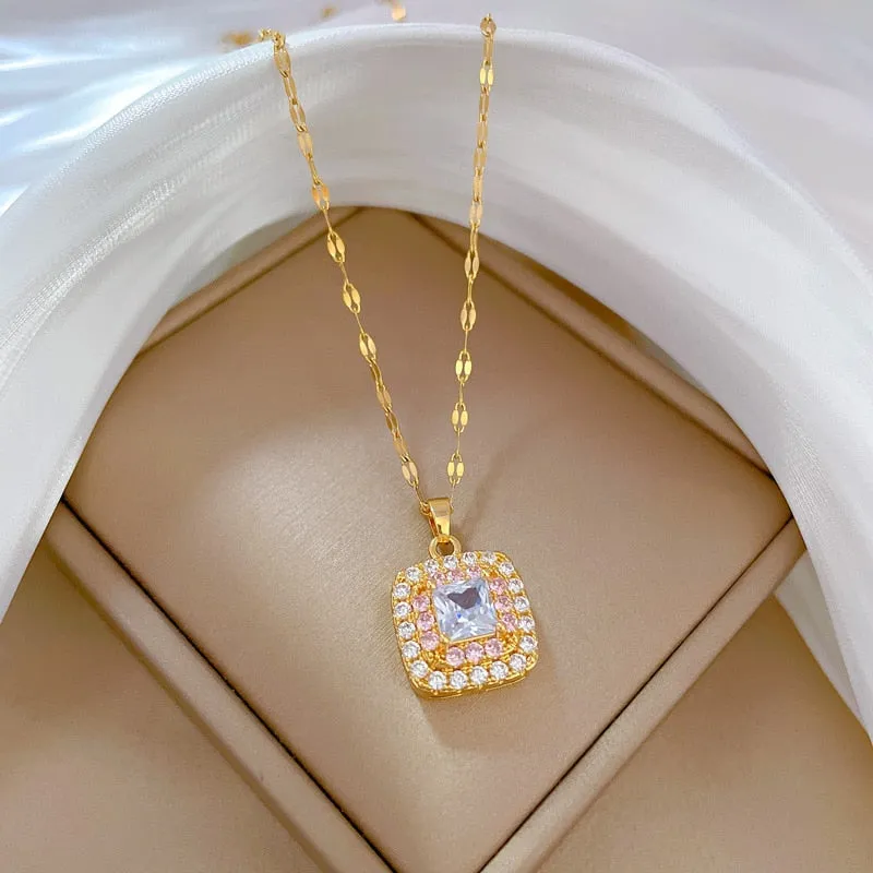 Full Pink White Zirconia Pendant Necklace for Women Square Shaped Necklace