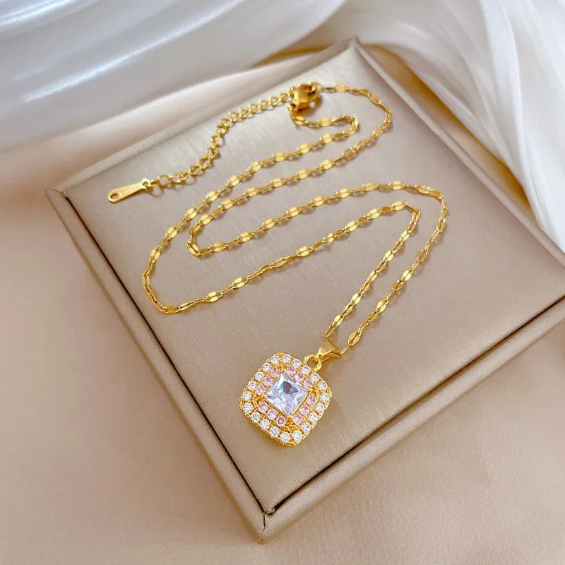 Full Pink White Zirconia Pendant Necklace for Women Square Shaped Necklace