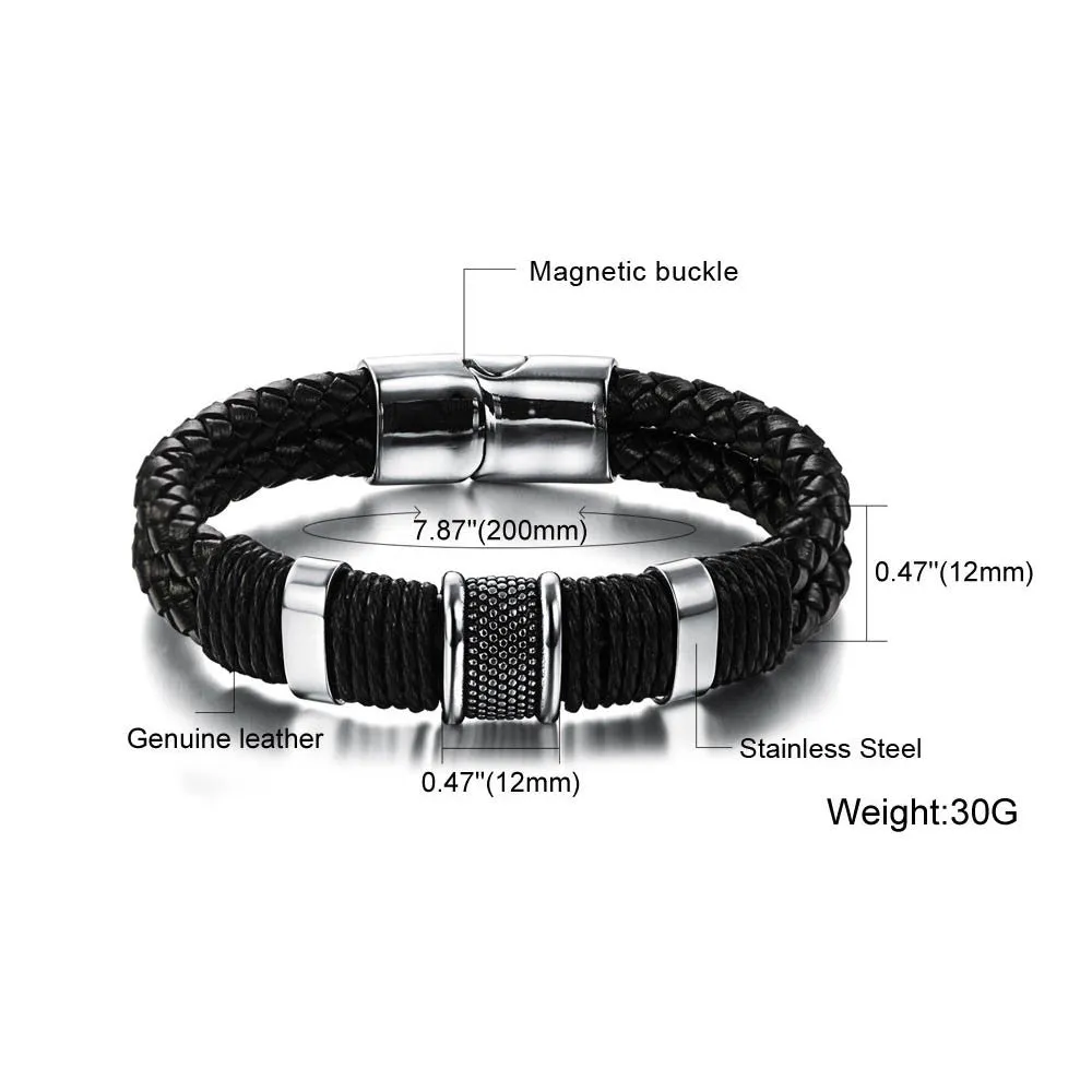 Genuine leather bracelet men stainless steel leather braid Bracelet with magnetic buckle claps