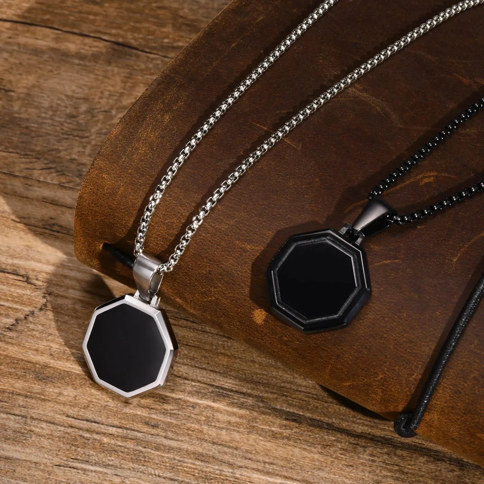Geometric Necklaces for Men, Waterproof Stainless Steel Octagon Pendant Collar