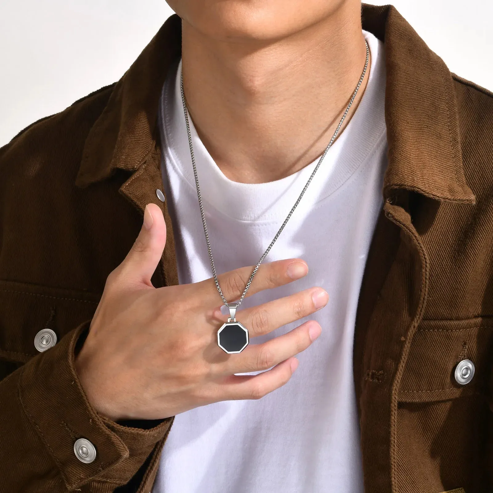 Geometric Necklaces for Men, Waterproof Stainless Steel Octagon Pendant Collar