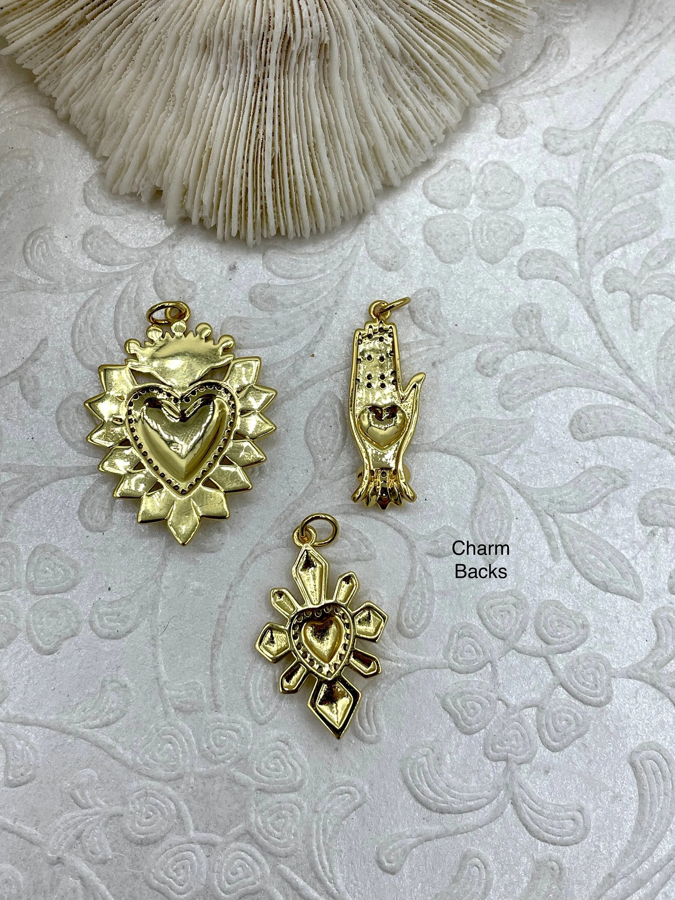 Gold and Red Plated Brass Heart CZ Charms, 4 styles, High Quality Heart Charms, Hand and Heart Red Heart Charms. Fast Ship