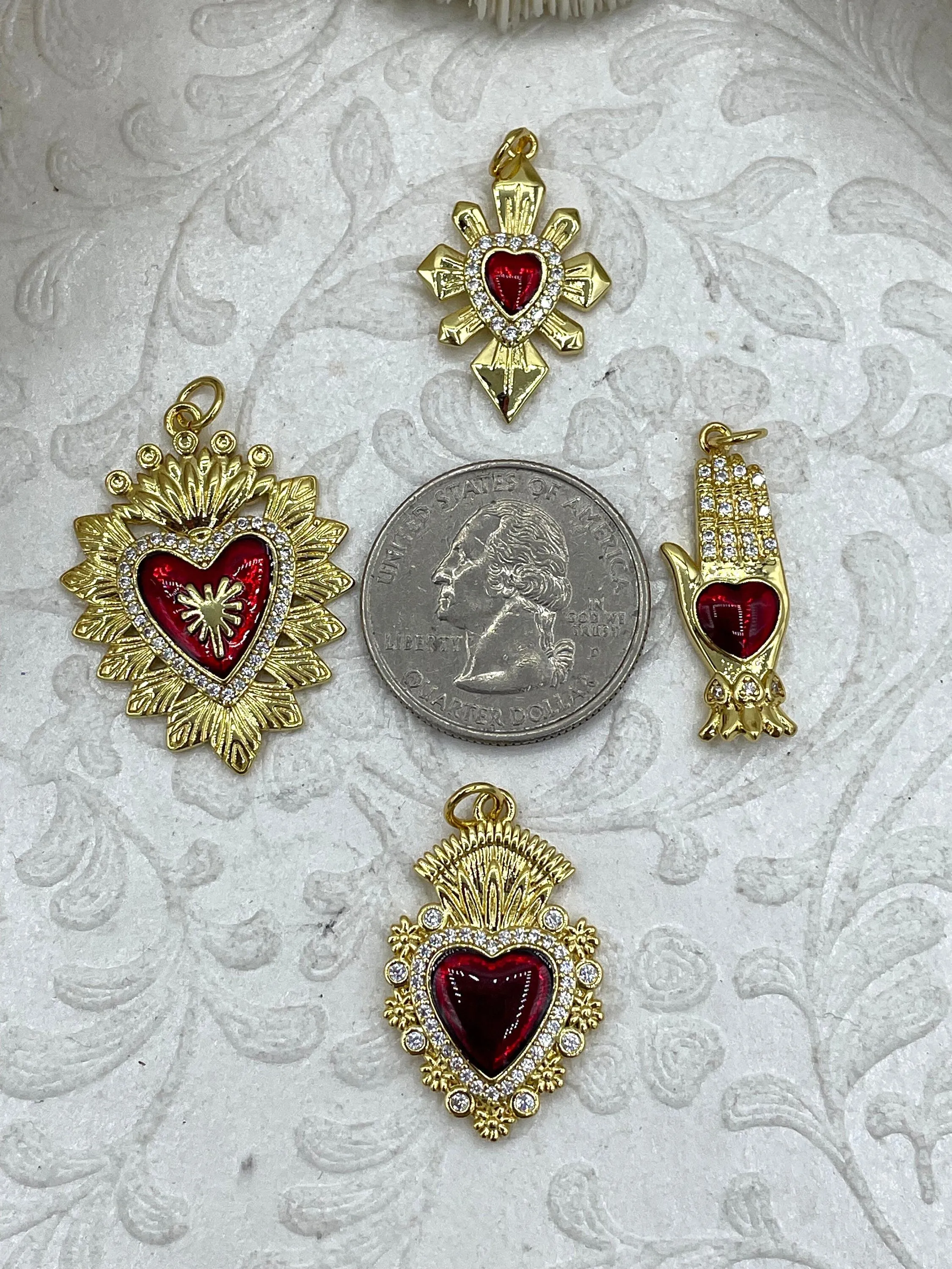 Gold and Red Plated Brass Heart CZ Charms, 4 styles, High Quality Heart Charms, Hand and Heart Red Heart Charms. Fast Ship