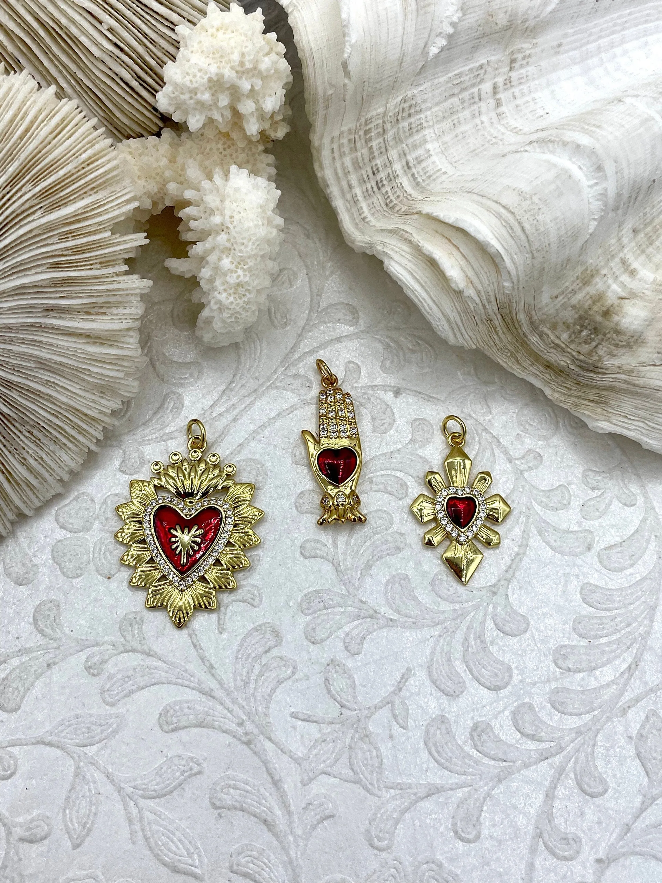 Gold and Red Plated Brass Heart CZ Charms, 4 styles, High Quality Heart Charms, Hand and Heart Red Heart Charms. Fast Ship