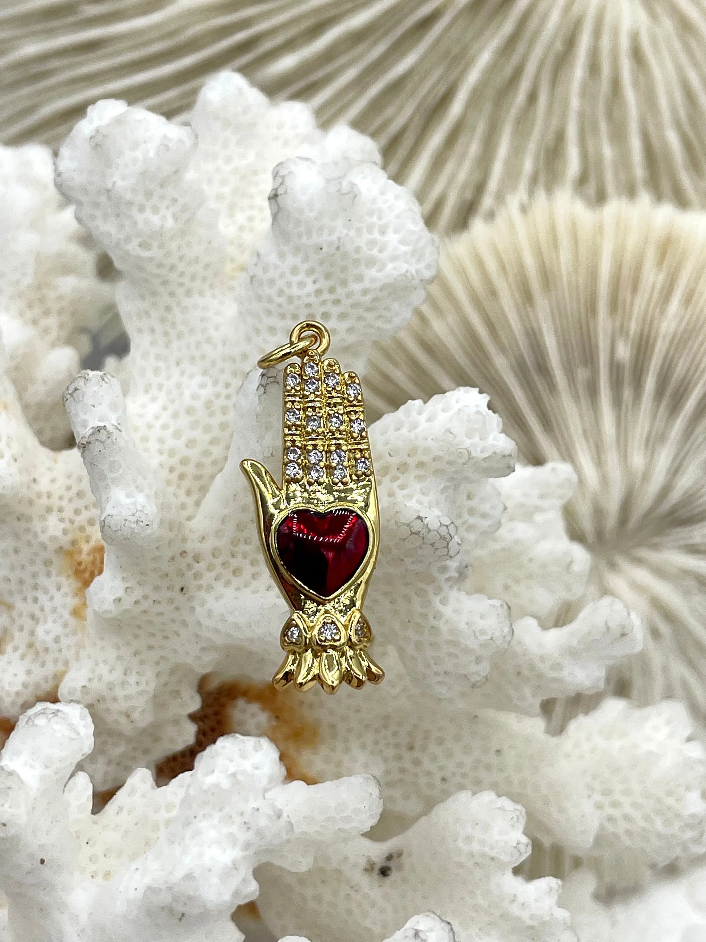 Gold and Red Plated Brass Heart CZ Charms, 4 styles, High Quality Heart Charms, Hand and Heart Red Heart Charms. Fast Ship