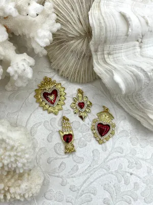 Gold and Red Plated Brass Heart CZ Charms, 4 styles, High Quality Heart Charms, Hand and Heart Red Heart Charms. Fast Ship