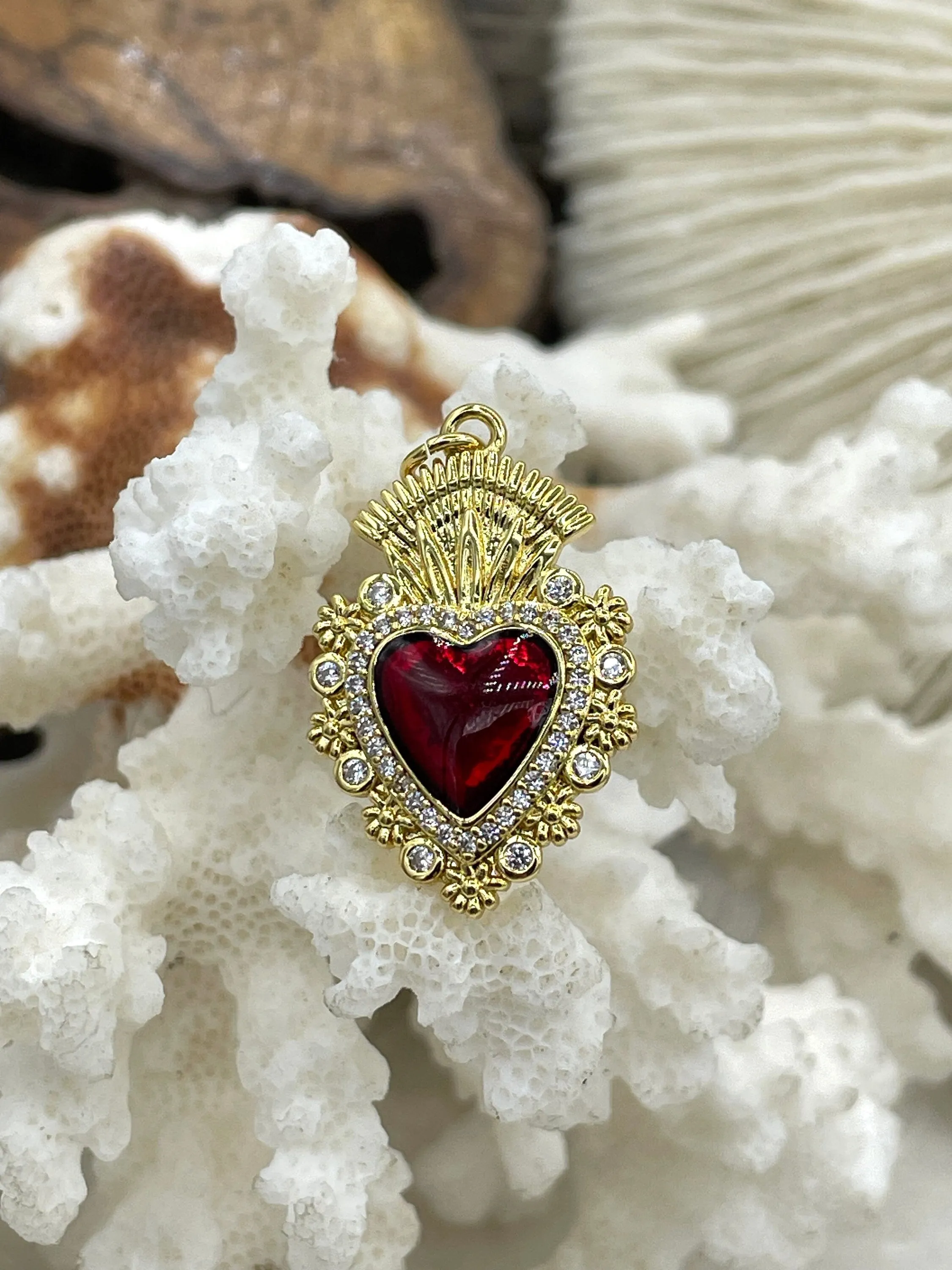 Gold and Red Plated Brass Heart CZ Charms, 4 styles, High Quality Heart Charms, Hand and Heart Red Heart Charms. Fast Ship