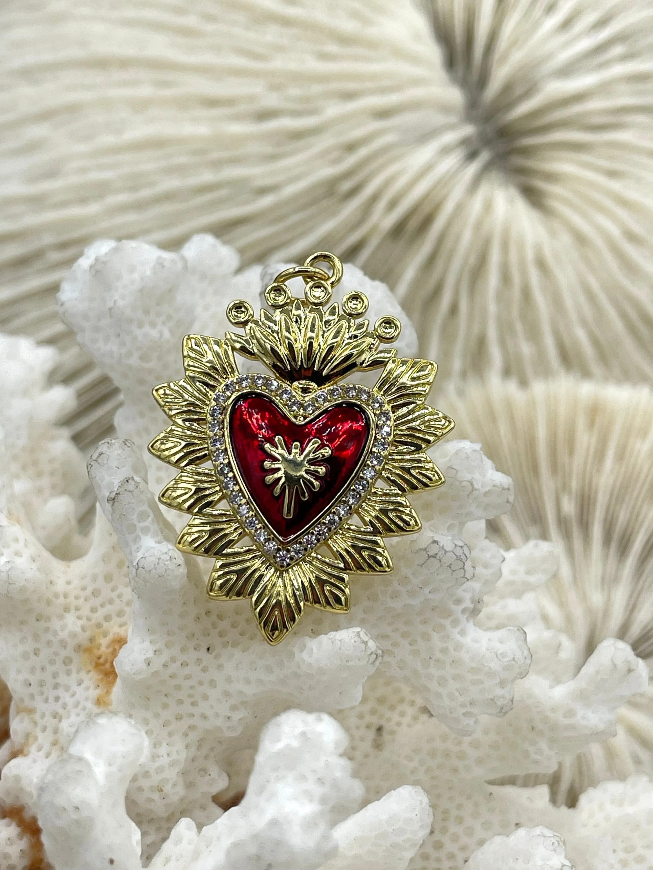 Gold and Red Plated Brass Heart CZ Charms, 4 styles, High Quality Heart Charms, Hand and Heart Red Heart Charms. Fast Ship