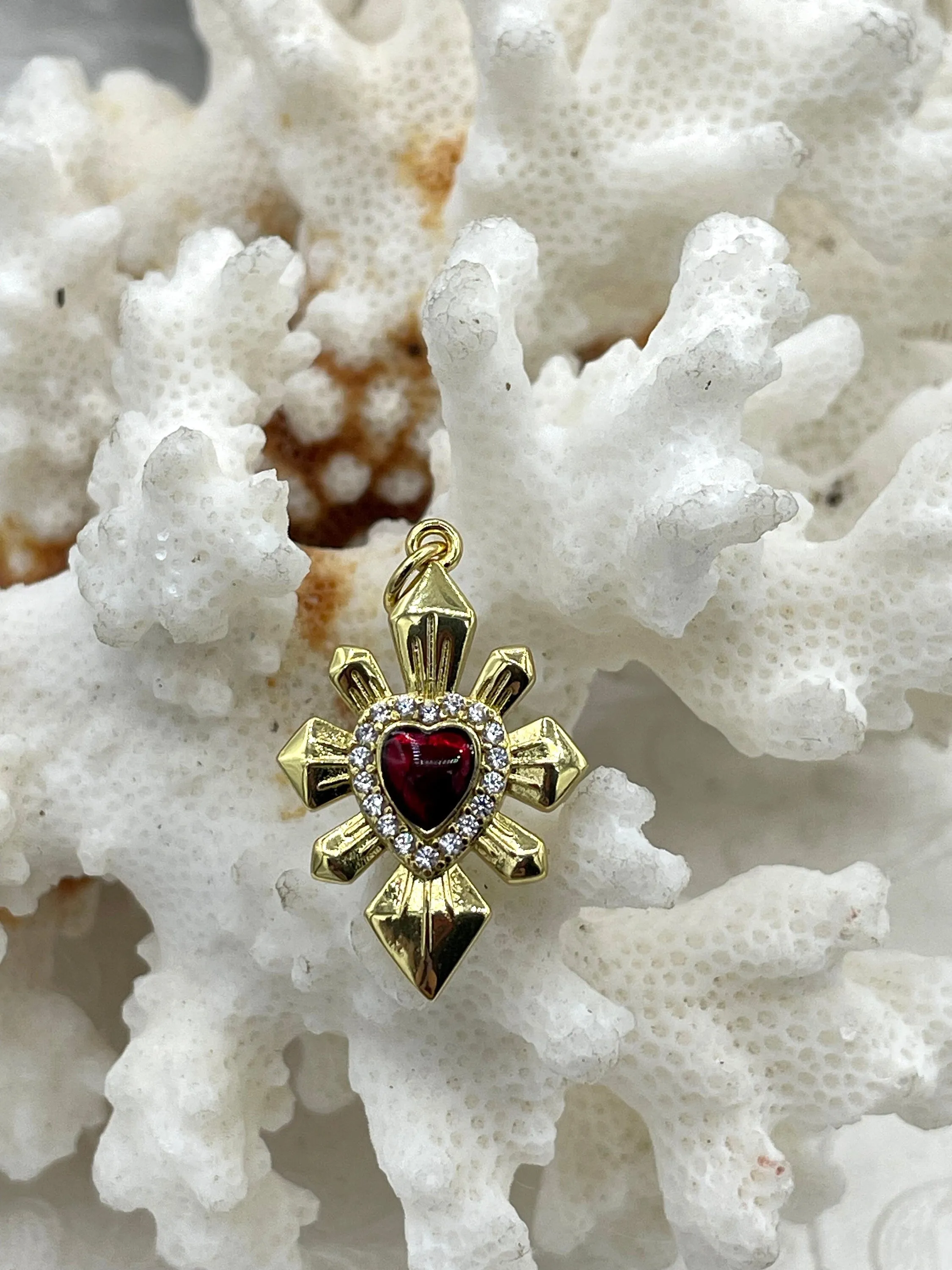 Gold and Red Plated Brass Heart CZ Charms, 4 styles, High Quality Heart Charms, Hand and Heart Red Heart Charms. Fast Ship