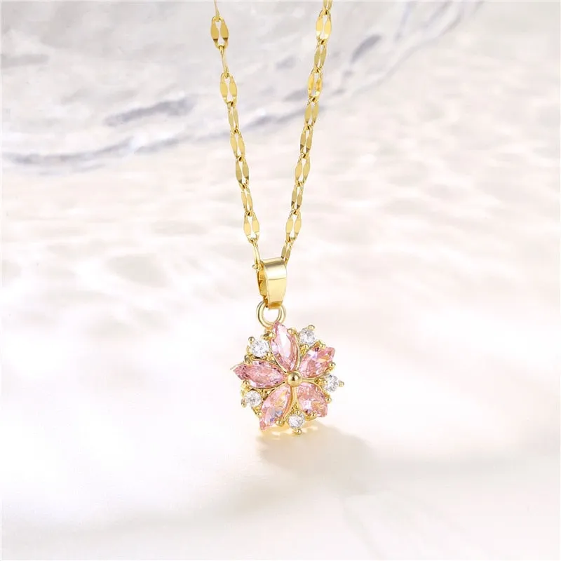 Gold Plated Light Luxury Romantic Pink Flower Pendant Necklace For Women
