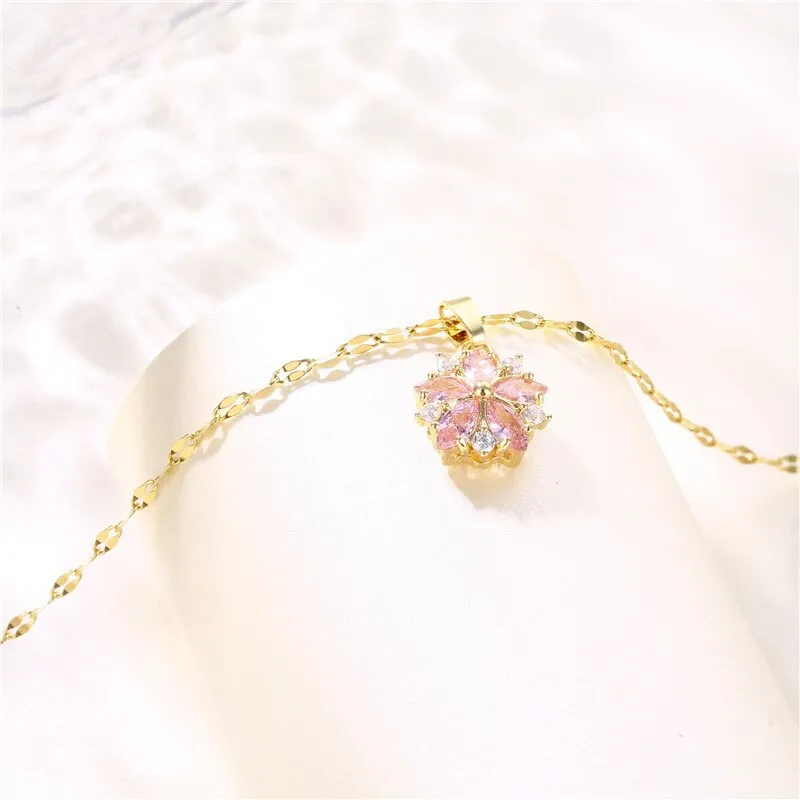 Gold Plated Light Luxury Romantic Pink Flower Pendant Necklace For Women