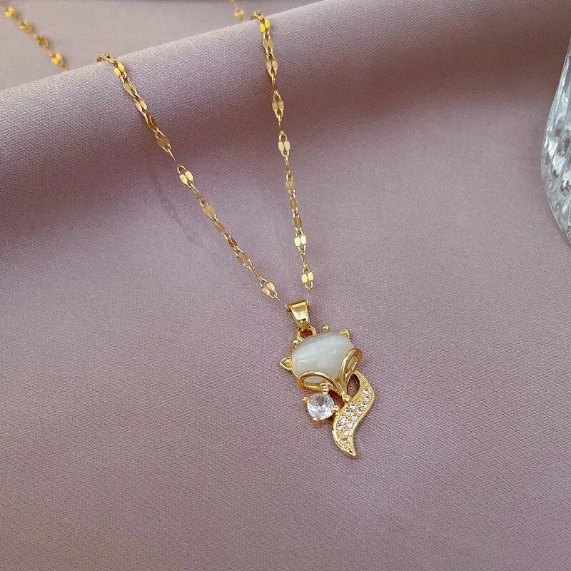 Gold Plated Opal Cute Fox Necklace For Women