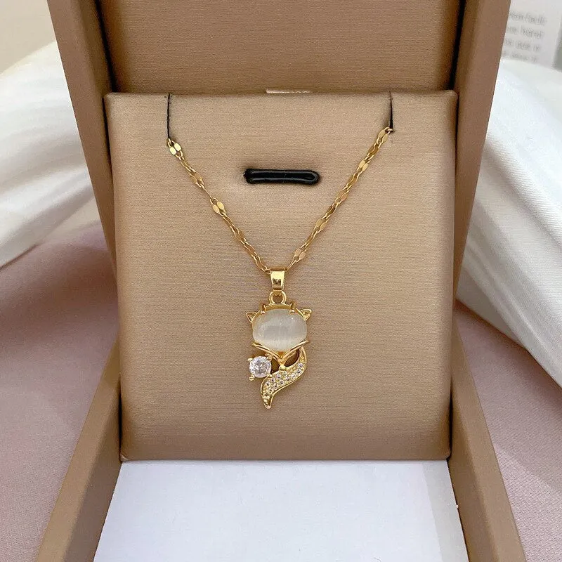 Gold Plated Opal Cute Fox Necklace For Women