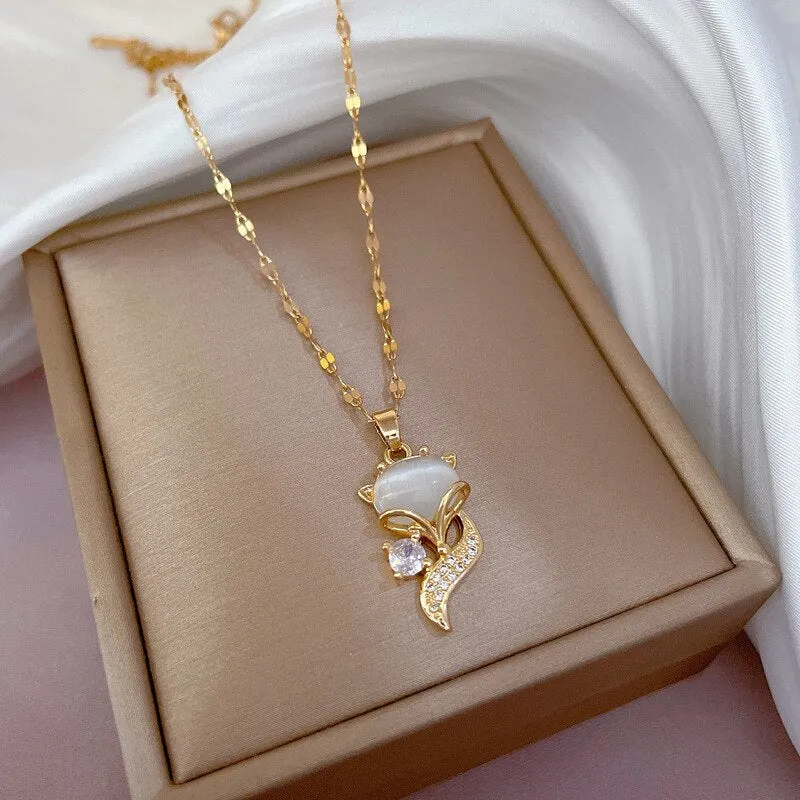 Gold Plated Opal Cute Fox Necklace For Women