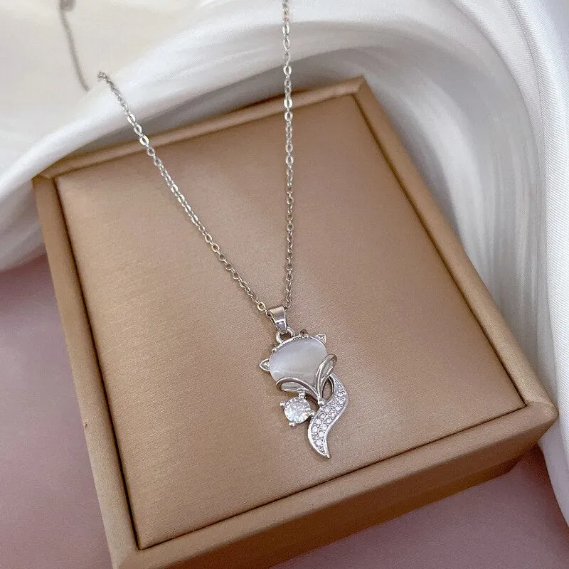 Gold Plated Opal Cute Fox Necklace For Women