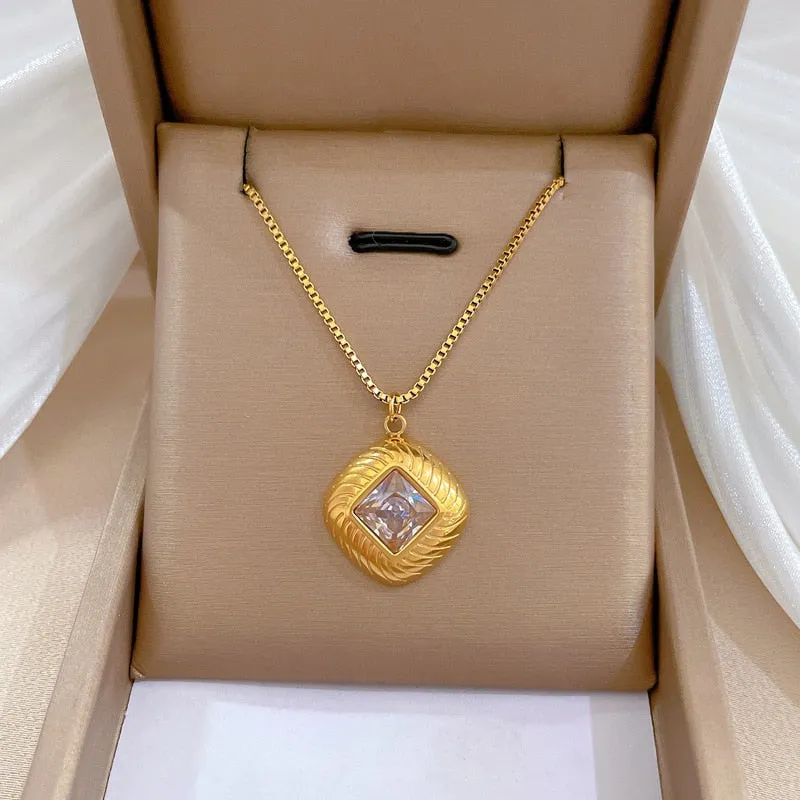 Gold Plated Square Zircon Temperament Personality Girls Pendant Necklace For Women