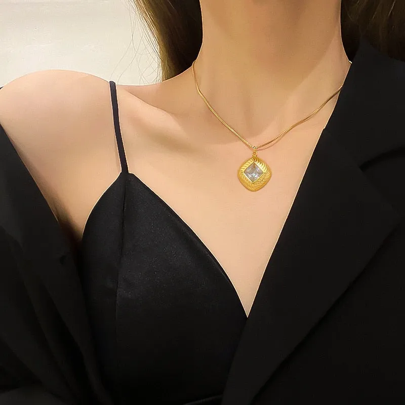 Gold Plated Square Zircon Temperament Personality Girls Pendant Necklace For Women
