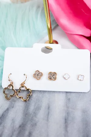 Goldtone Quatrefoil Earrings 3 Pair Set