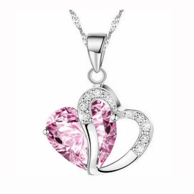 Heart Crystal Rhinestone Silver Chain Pendant Necklace