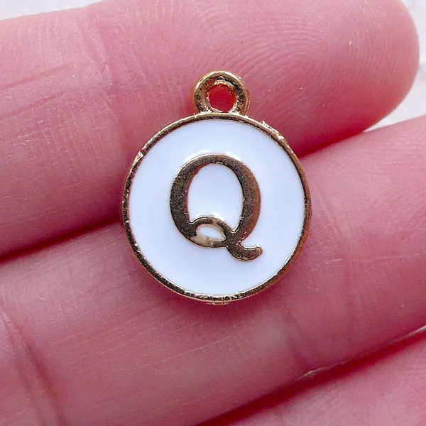 Initial Q Charm (1 piece / 13mm x 15mm / Gold & White / 2 Sided) Alphabet Charm Letter Enamel Charm Personalized Dust Plug Charm CHM2359