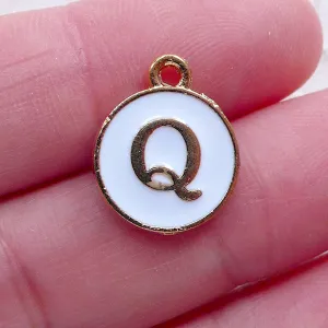 Initial Q Charm (1 piece / 13mm x 15mm / Gold & White / 2 Sided) Alphabet Charm Letter Enamel Charm Personalized Dust Plug Charm CHM2359