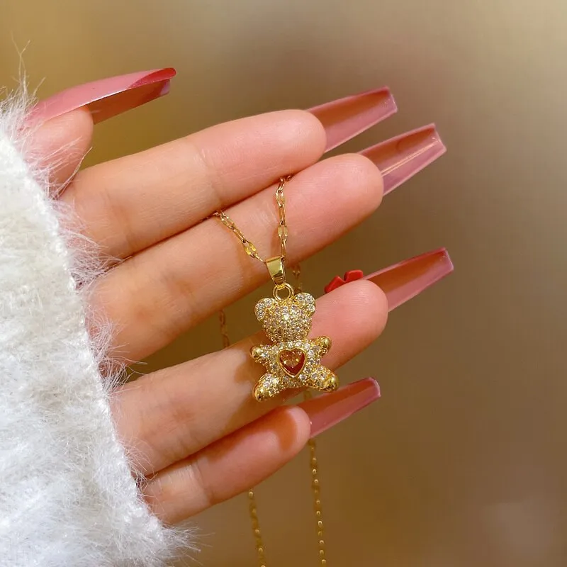 Korean Style Cute Bear Full Crystal Pendant Necklace for Women