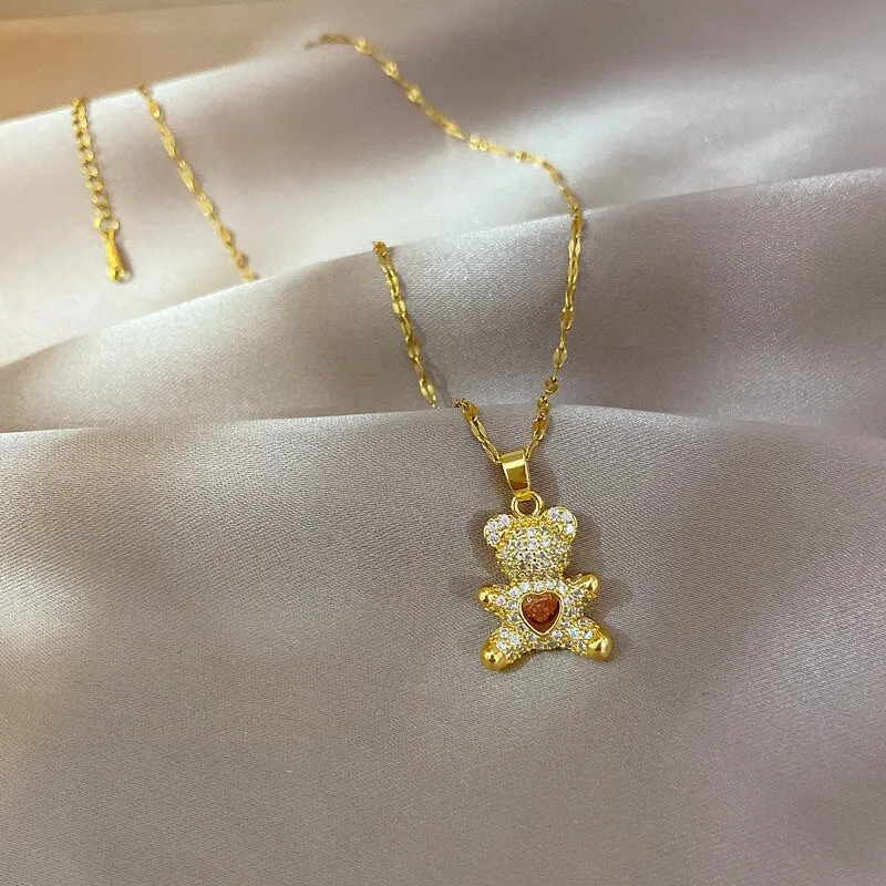 Korean Style Cute Bear Full Crystal Pendant Necklace for Women